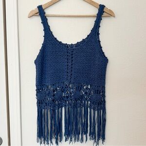 ✦ Beautiful Blue Fringe Sleeveless Crocheted Top ✦ Size M/L ✦